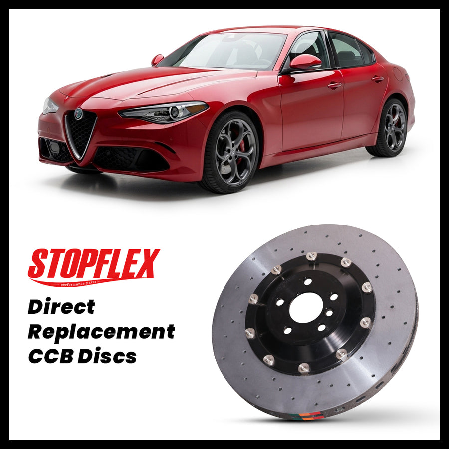 StopFlex carbon ceramic brake rotors and pads for 2020-2026+ Alfa Romeo Giulia Quadrifoglio, complete direct-replacement set on white background