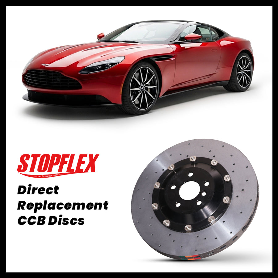 StopFlex carbon ceramic brake rotors and pads for 2016-2023 Aston Martin DB11, complete direct-replacement set on white background