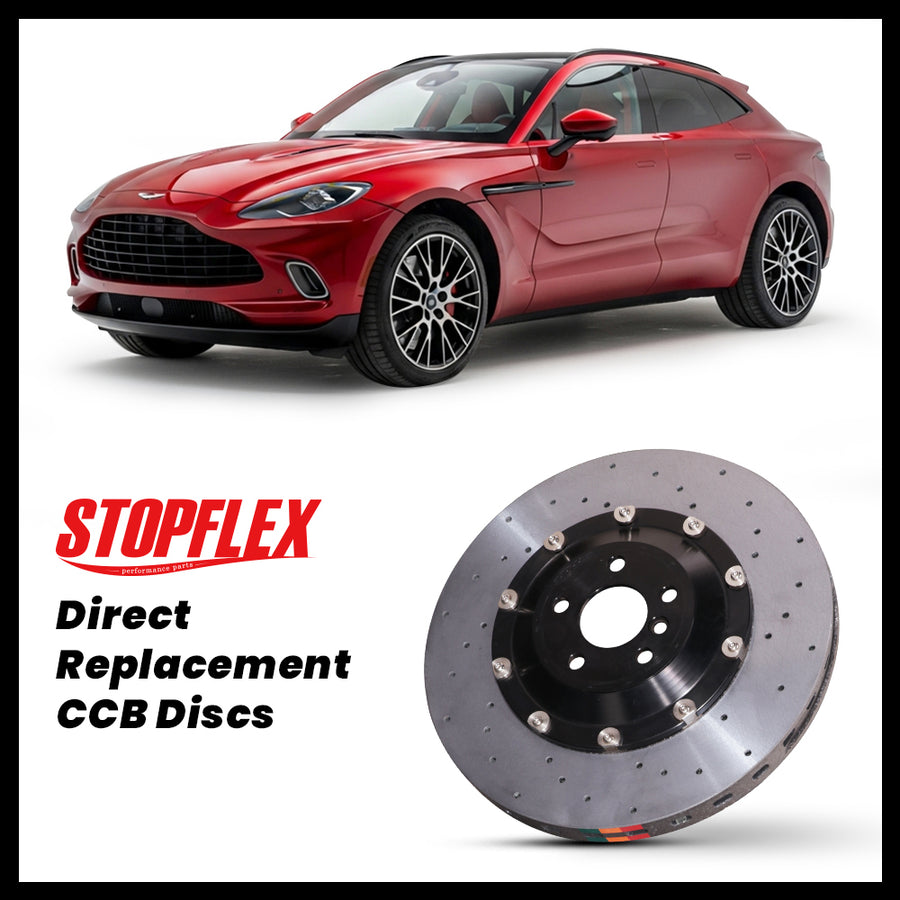 StopFlex carbon ceramic brake rotors and pads for 2020-2026+ Aston Martin DBX / S / 707, complete direct-replacement set on white background