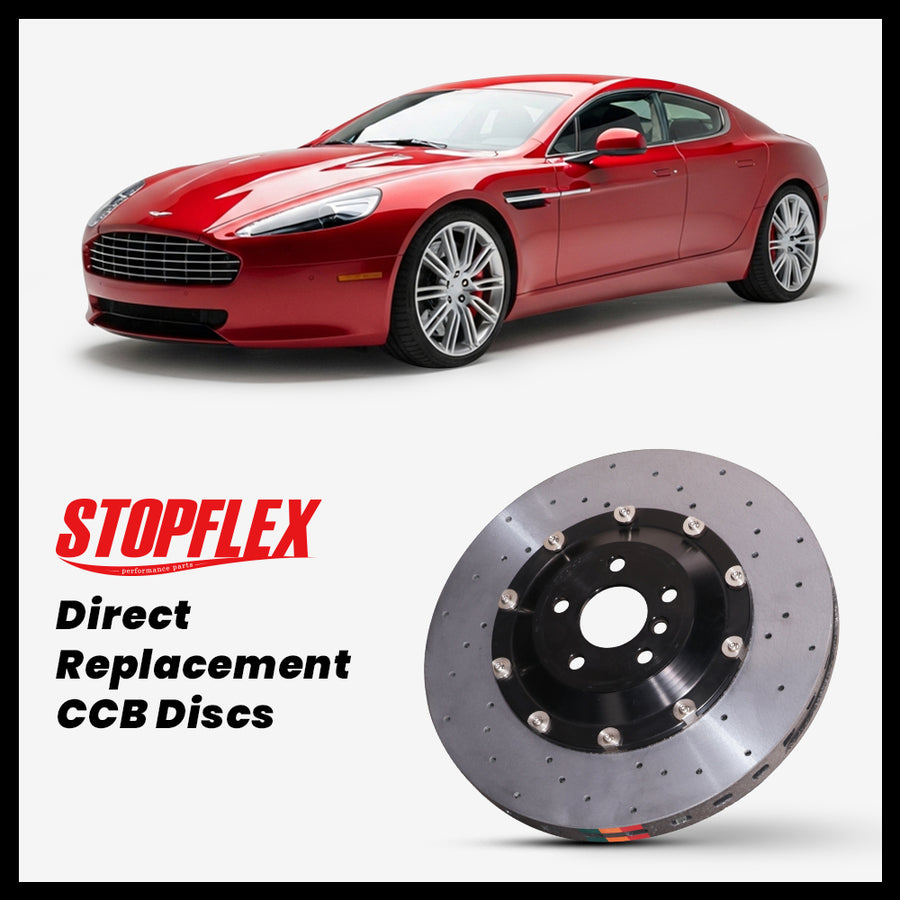 StopFlex carbon ceramic brake rotors and pads for 2010-2020 Aston Martin Rapide / S / AMR, complete direct-replacement set on white background