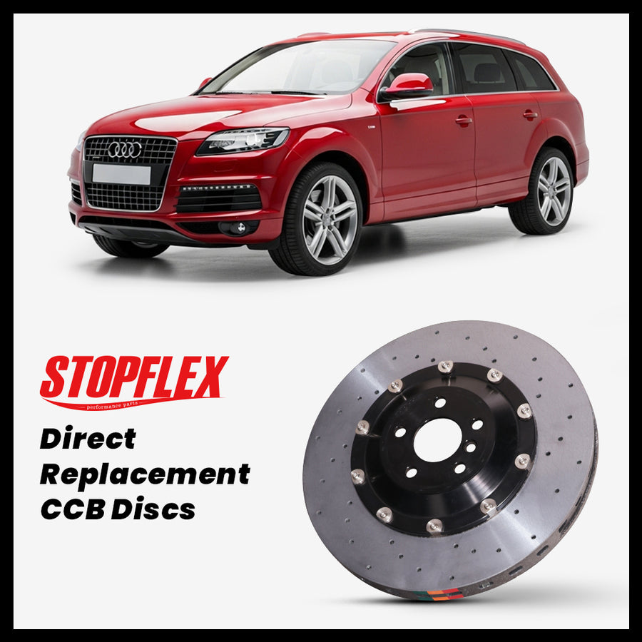 StopFlex carbon ceramic brake rotors and pads for 2006-2015 Audi Q7 (4L), complete direct-replacement set on white background