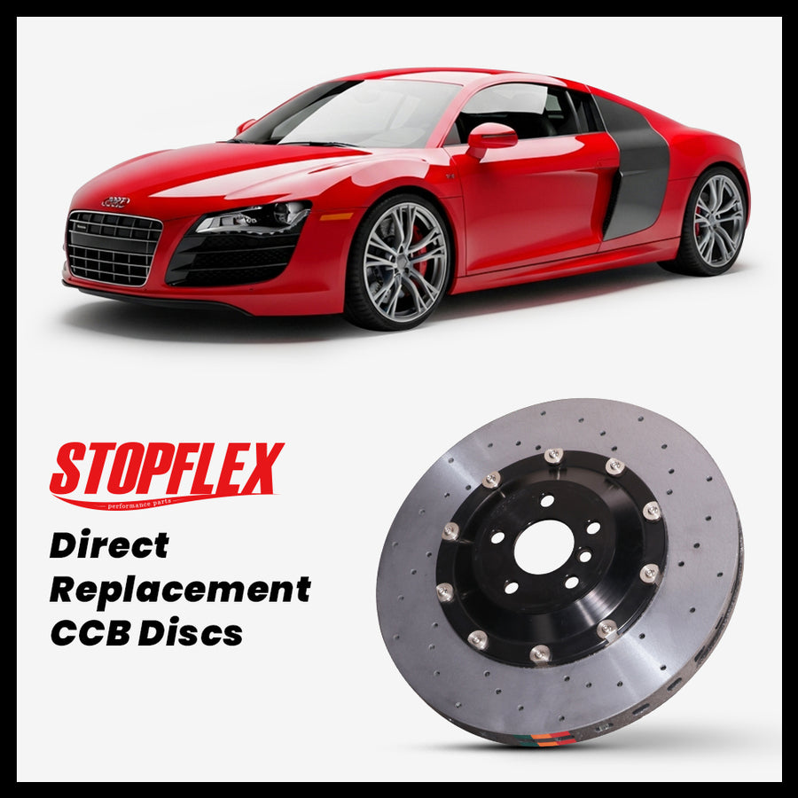 StopFlex carbon ceramic brake rotors and pads for 2007-2015 Audi R8 (Type 42), complete direct-replacement set on white background