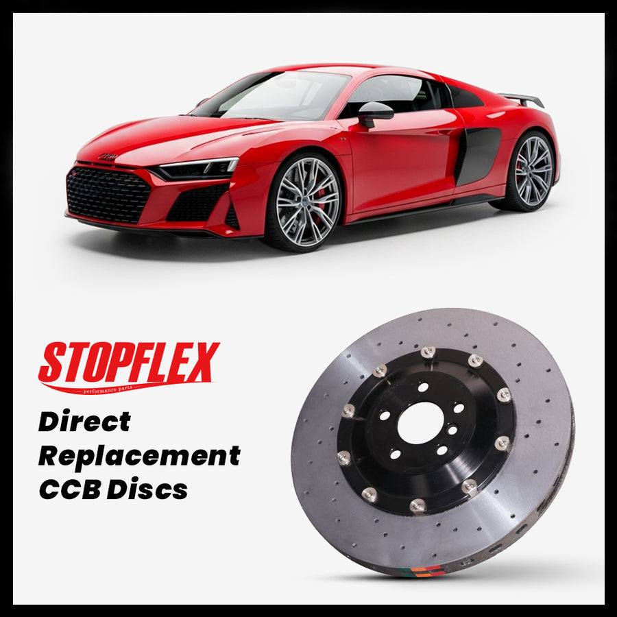 StopFlex carbon ceramic brake rotors and pads for 2016-2024 Audi R8 (Type 4S), complete direct-replacement set on white background