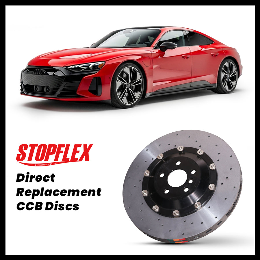 StopFlex carbon ceramic brake rotors and pads for 2021-2026+ Audi e-tron GT / RS e-tron GT, complete direct-replacement set on white background