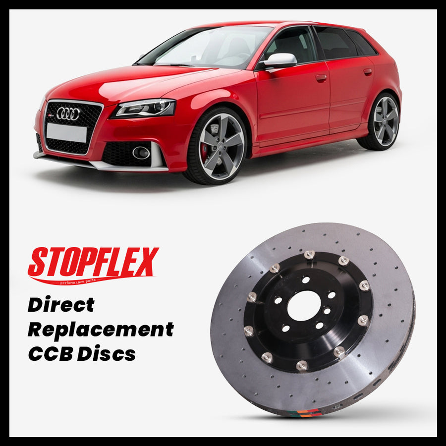 StopFlex carbon ceramic brake rotors and pads for 2007-2013 Audi RS3 / S3 (8P), complete direct-replacement set on white background