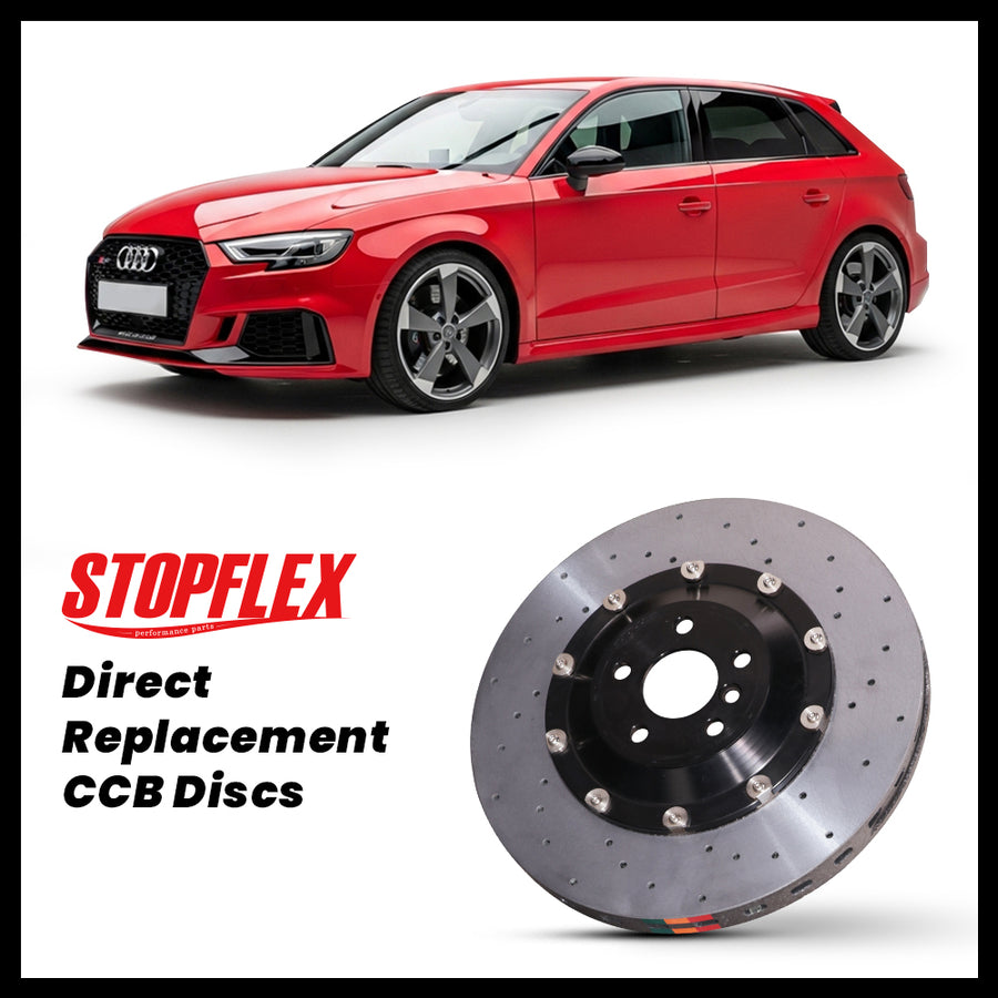 StopFlex carbon ceramic brake rotors and pads for 2015-2020 Audi RS3 / S3 (8V), complete direct-replacement set on white background