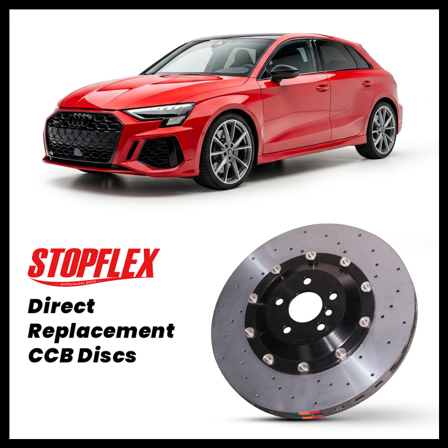 StopFlex carbon ceramic brake rotors and pads for 2022-2026+ Audi RS3 / S3 (8Y), complete direct-replacement set on white background