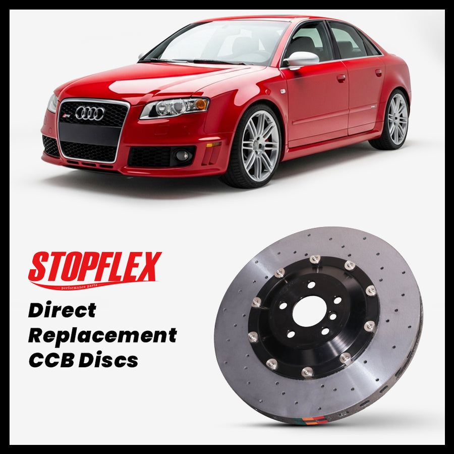 StopFlex carbon ceramic brake rotors and pads for 2006-2008 Audi RS4 / S4 (B7), complete direct-replacement set on white background