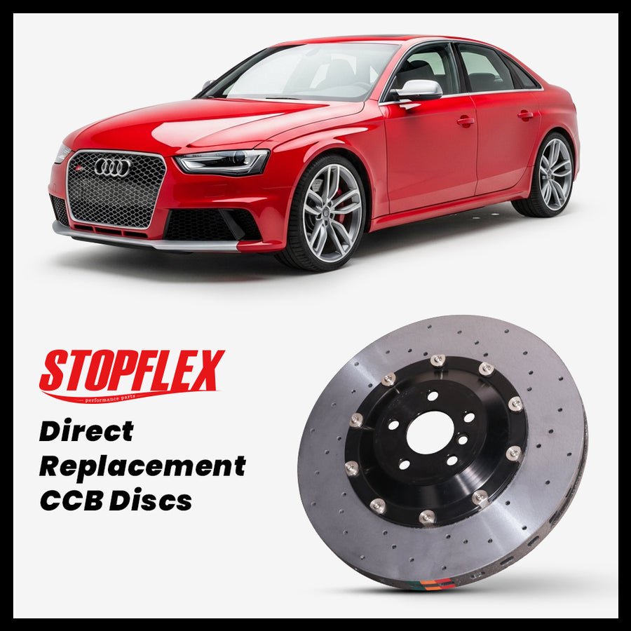 StopFlex carbon ceramic brake rotors and pads for 2009-2016 Audi RS4 / S4 (B8), complete direct-replacement set on white background