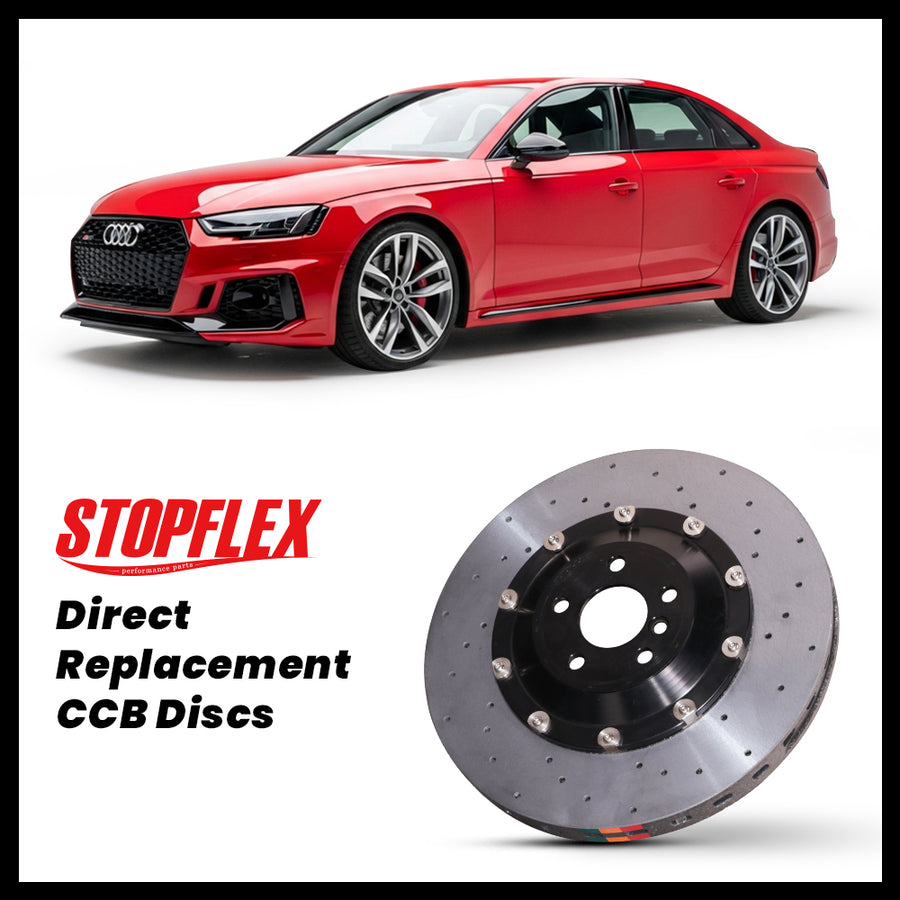 StopFlex carbon ceramic brake rotors and pads for 2017-2026+ Audi RS4 / S4 (B9), complete direct-replacement set on white background