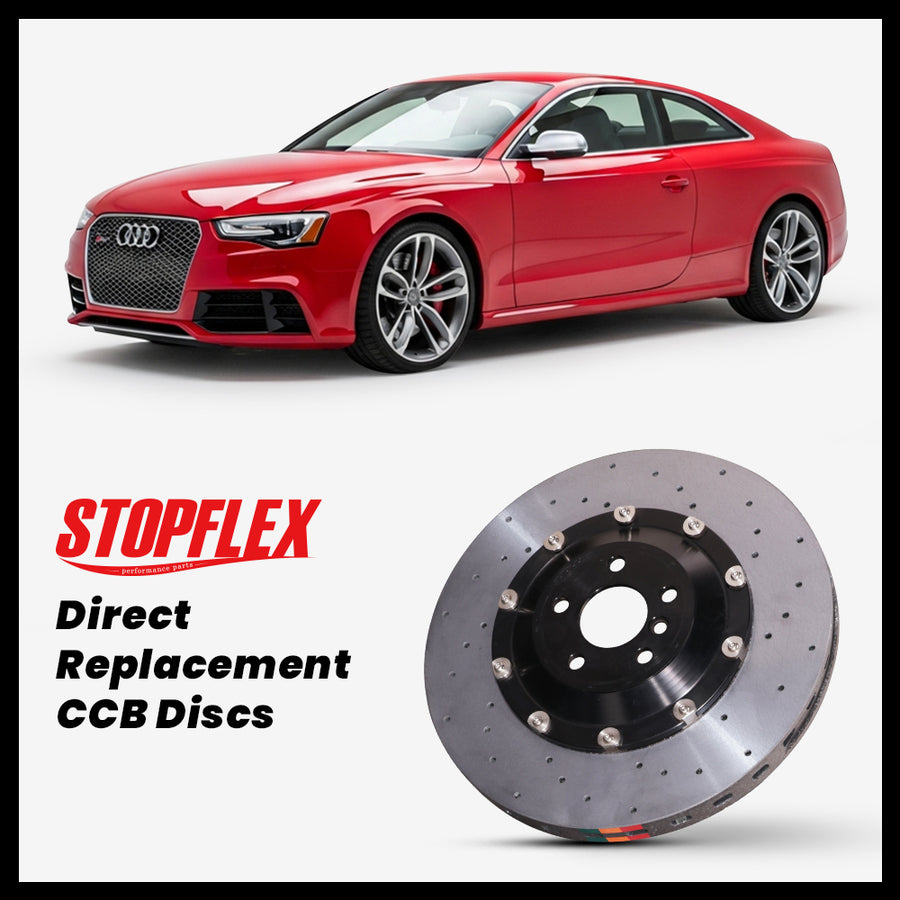 StopFlex carbon ceramic brake rotors and pads for 2010-2016 Audi RS5 / S5 (B8), complete direct-replacement set on white background