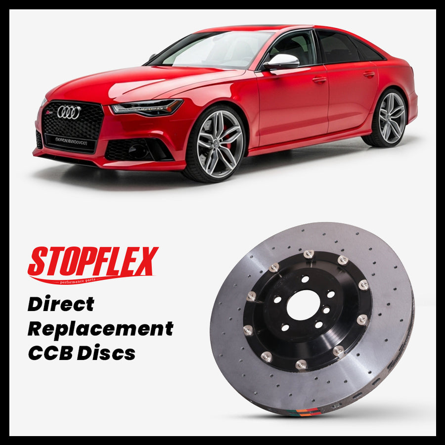 StopFlex carbon ceramic brake rotors and pads for 2012-2018 Audi RS6 / S6 (C7), complete direct-replacement set on white background