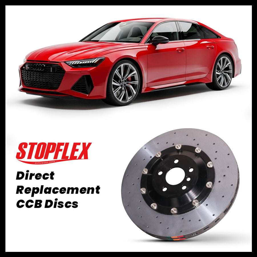 StopFlex carbon ceramic brake rotors and pads for 2019-2026+ Audi RS6 / S6 (C8), complete direct-replacement set on white background