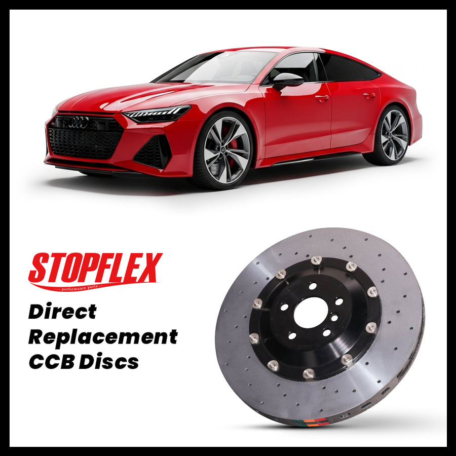 StopFlex carbon ceramic brake rotors and pads for 2019-2026+ Audi RS7 / S7 (C8), complete direct-replacement set on white background