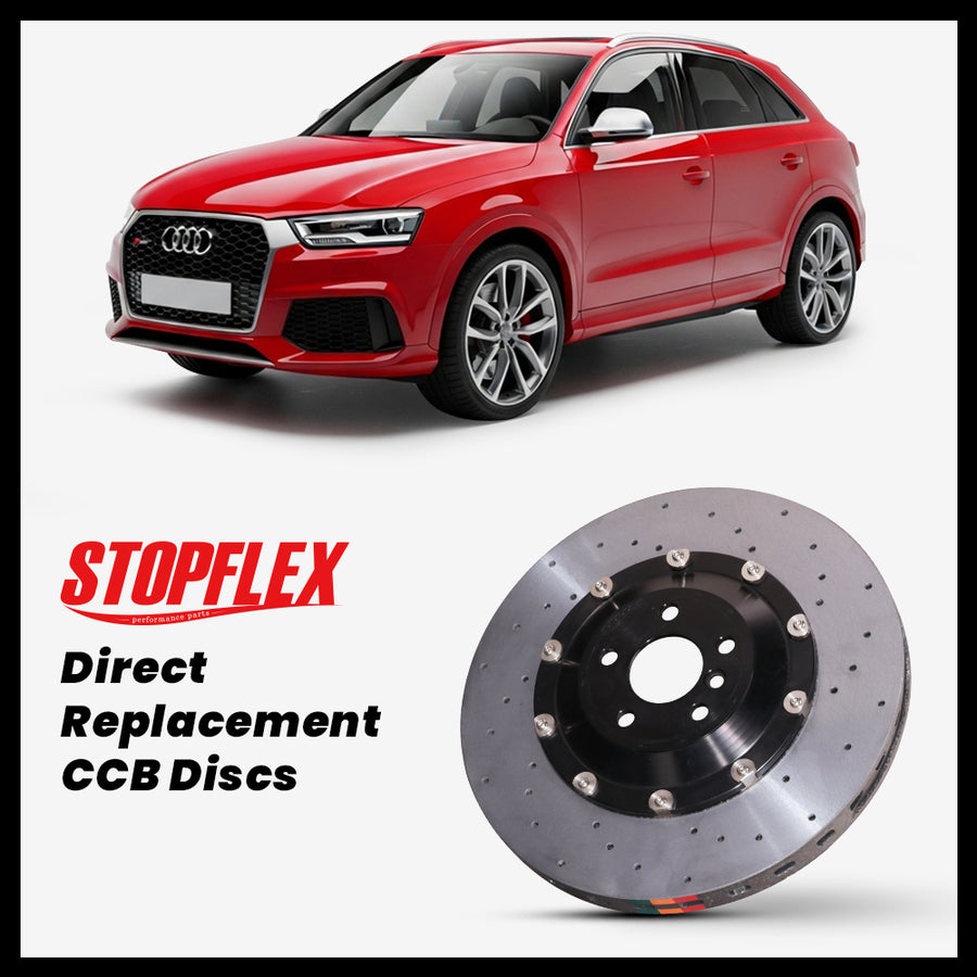 StopFlex carbon ceramic brake rotors and pads for 2013-2018 Audi RS Q3 (8U), complete direct-replacement set on white background