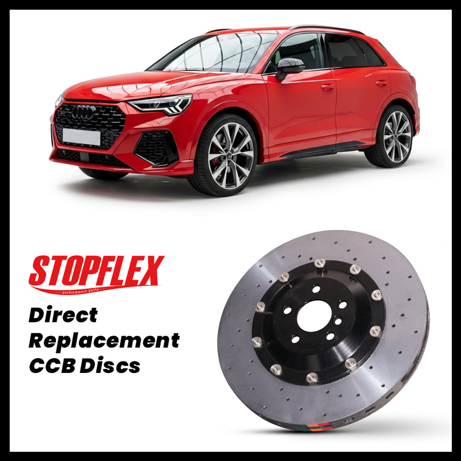 StopFlex carbon ceramic brake rotors and pads for 2019-2026+ Audi RS Q3 (F3), complete direct-replacement set on white background