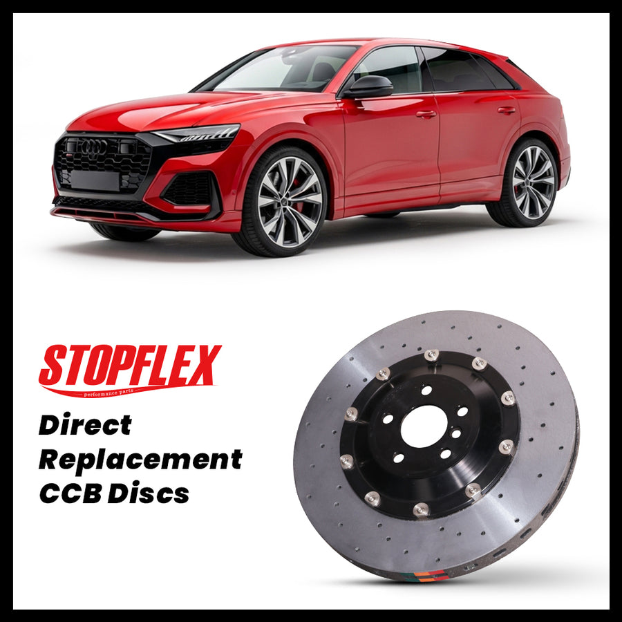 StopFlex carbon ceramic brake rotors and pads for 2019-2026+ Audi RS Q8 / SQ8 / Q8 (4M), complete direct-replacement set on white background