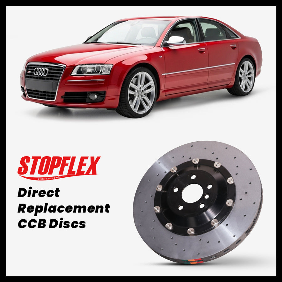 StopFlex carbon ceramic brake rotors and pads for 2006-2010 Audi S8 (D3), complete direct-replacement set on white background