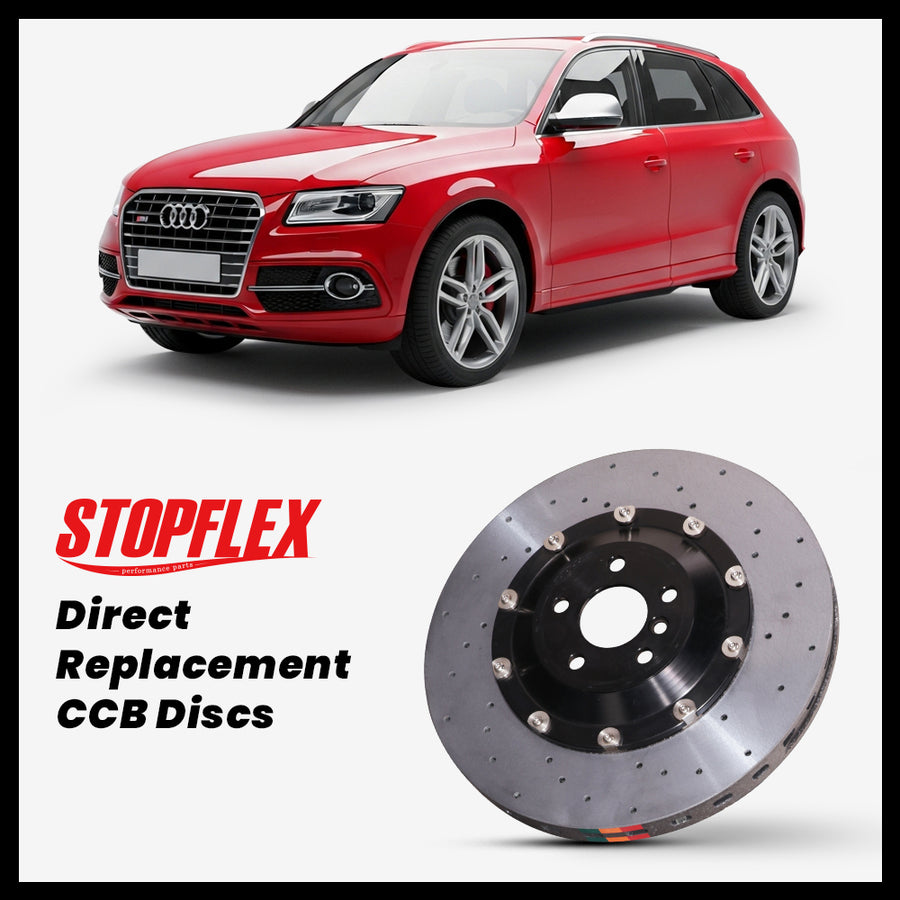 StopFlex carbon ceramic brake rotors and pads for 2013-2017 Audi SQ5 / Q5 (8R), complete direct-replacement set on white background
