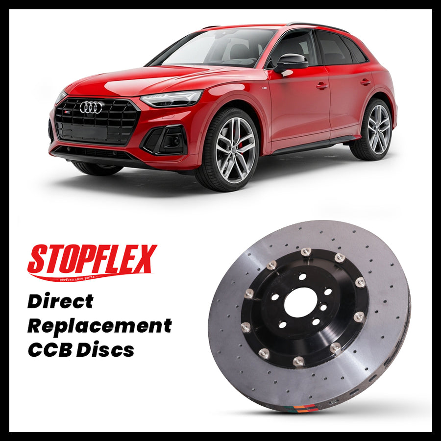 StopFlex carbon ceramic brake rotors and pads for 2018-2026+ Audi SQ5 / Q5 (FY), complete direct-replacement set on white background