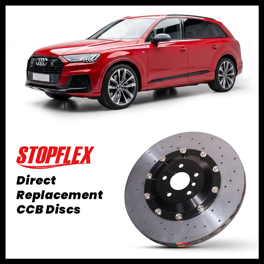 StopFlex carbon ceramic brake rotors and pads for 2016-2026+ Audi SQ7 / Q7 (4M), complete direct-replacement set on white background