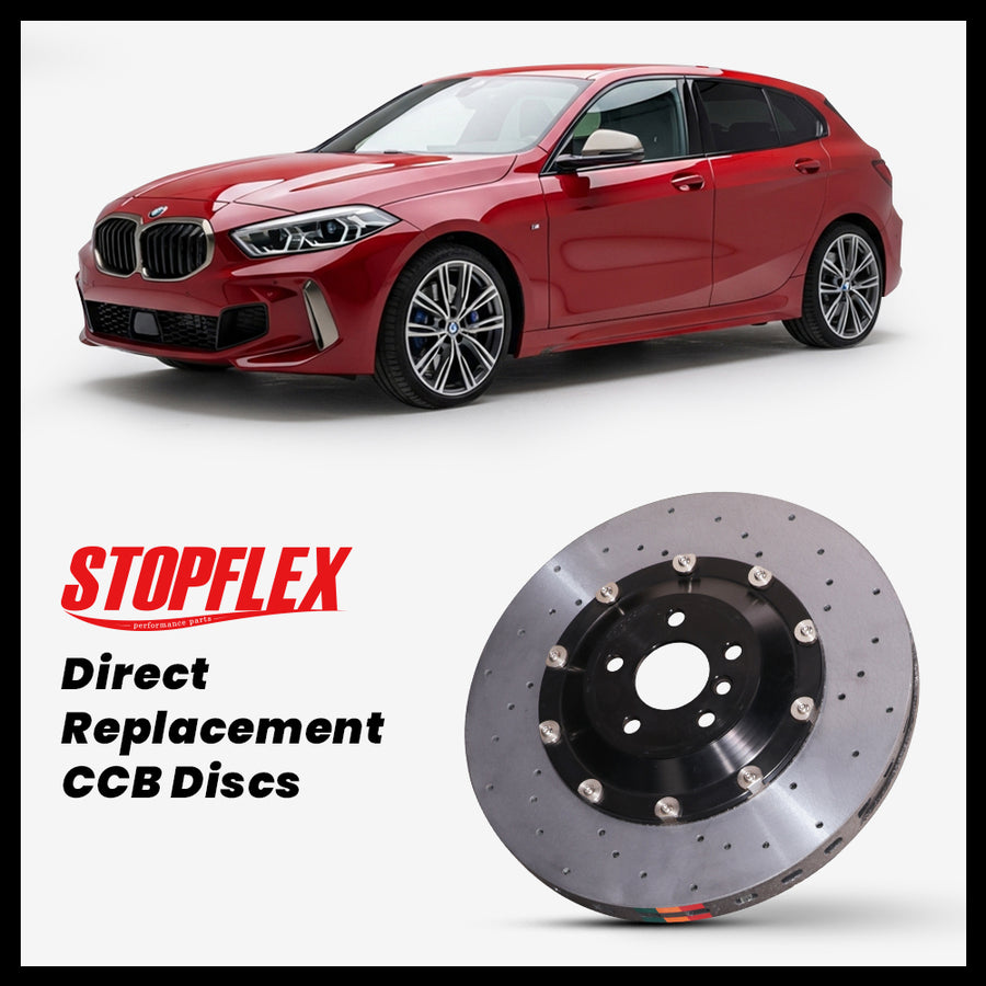 StopFlex carbon ceramic brake rotors and pads for 2019-2026+ BMW M135i (F40/F70), complete direct-replacement set on white background