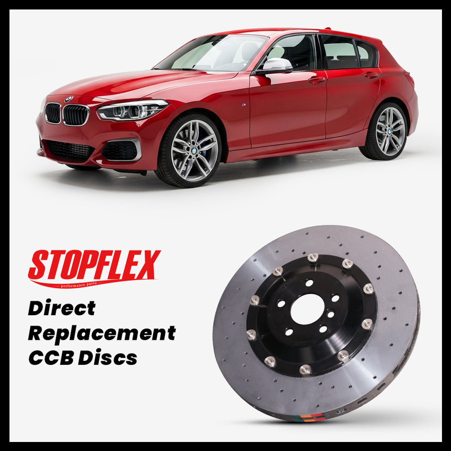 StopFlex carbon ceramic brake rotors and pads for 2012-2019 BMW M140i / M135i (F20/F21), complete direct-replacement set on white background