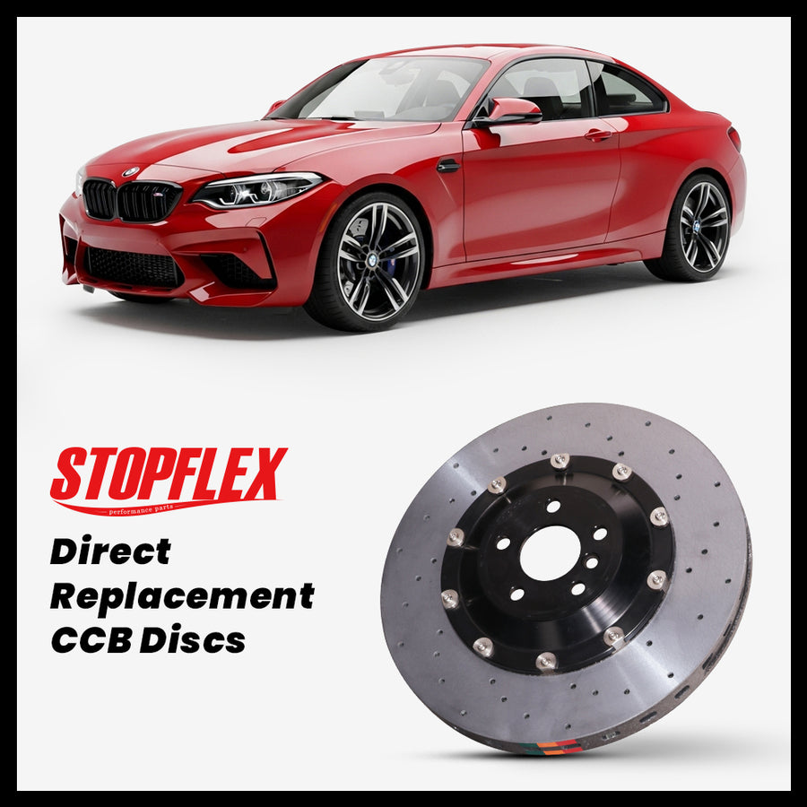 StopFlex carbon ceramic brake rotors and pads for 2016-2021 BMW M2 / Competition (F87), complete direct-replacement set on white background