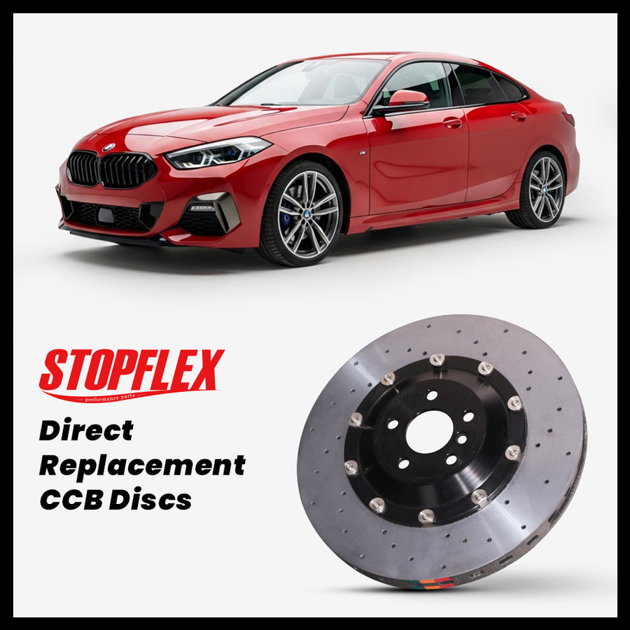 StopFlex carbon ceramic brake rotors and pads for 2020-2026+ BMW M235i Gran Coupé (F44/F74/F78), complete direct-replacement set on white background