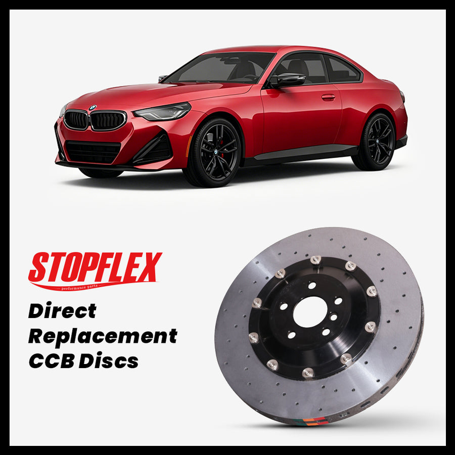 StopFlex carbon ceramic brake rotors and pads for 2022-2026+ BMW M240i (G42), complete direct-replacement set on white background