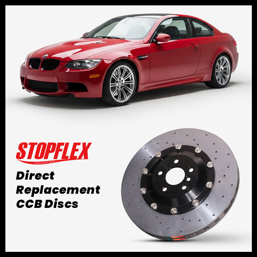 StopFlex carbon ceramic brake rotors and pads for 2007-2013 BMW M3 (E90/E92/E93), complete direct-replacement set on white background