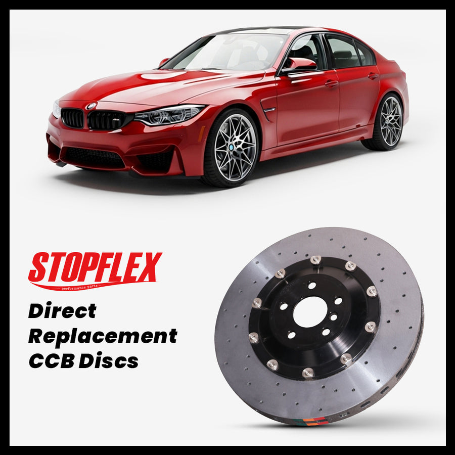 StopFlex carbon ceramic brake rotors and pads for 2014-2018 BMW M3 / Competition (F80), complete direct-replacement set on white background