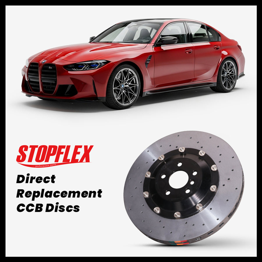 StopFlex carbon ceramic brake rotors and pads for 2021-2026+ BMW M3 / Competition (G80/G81), complete direct-replacement set on white background