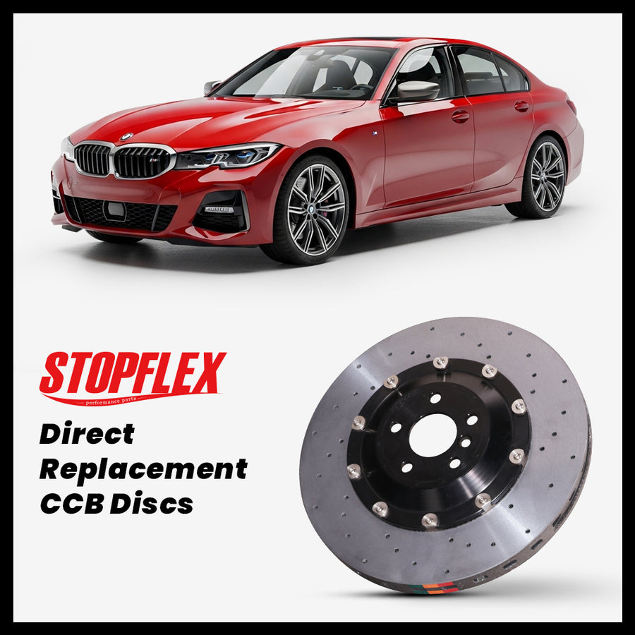 StopFlex carbon ceramic brake rotors and pads for 2019-2026+ BMW M340i / M340d (G20/G21), complete direct-replacement set on white background