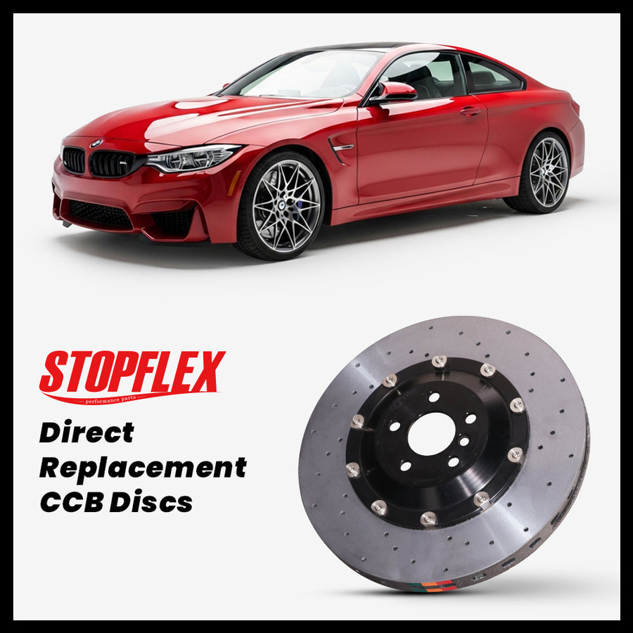 StopFlex carbon ceramic brake rotors and pads for 2014-2020 BMW M4 / Competition (F82/F83), complete direct-replacement set on white background