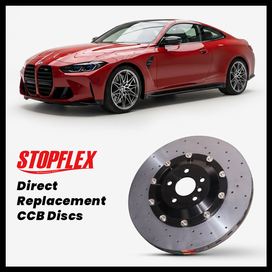 StopFlex carbon ceramic brake rotors and pads for 2021-2026+ BMW M4 / Competition (G82/G83), complete direct-replacement set on white background