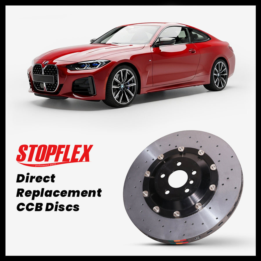 StopFlex carbon ceramic brake rotors and pads for 2021-2026+ BMW M440i / M440d (G22/G23/G26), complete direct-replacement set on white background