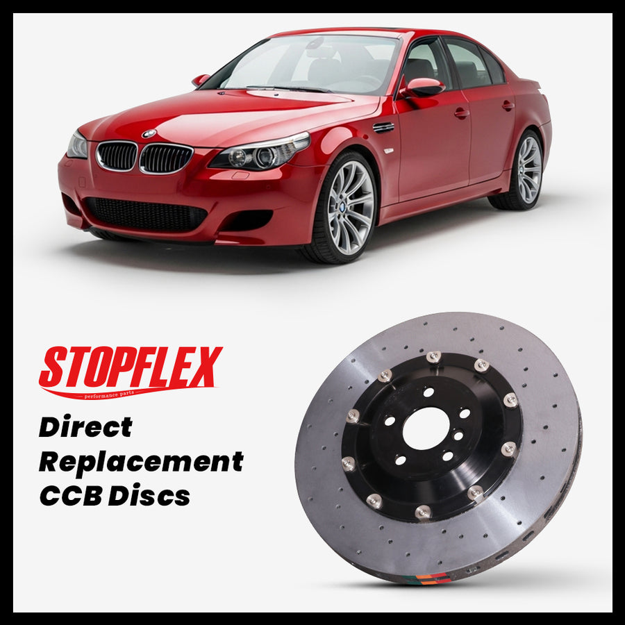 StopFlex carbon ceramic brake rotors and pads for 2006-2010 BMW M5 (E60/E61), complete direct-replacement set on white background