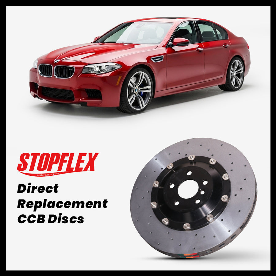 StopFlex carbon ceramic brake rotors and pads for 2012-2016 BMW M5 (F10), complete direct-replacement set on white background