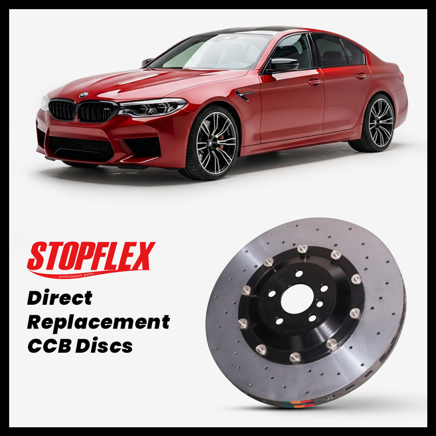 StopFlex carbon ceramic brake rotors and pads for 2018-2023 BMW M5 / Competition (F90), complete direct-replacement set on white background