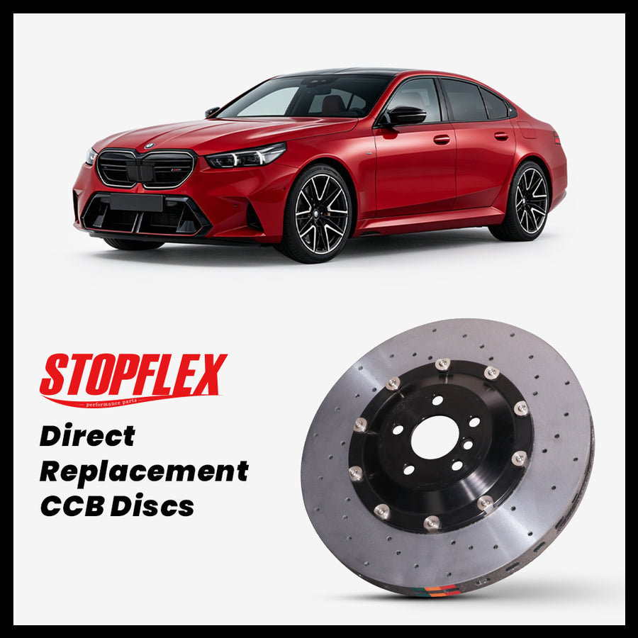 StopFlex carbon ceramic brake rotors and pads for 2025-2026+ BMW M5 (G90/G99), complete direct-replacement set on white background