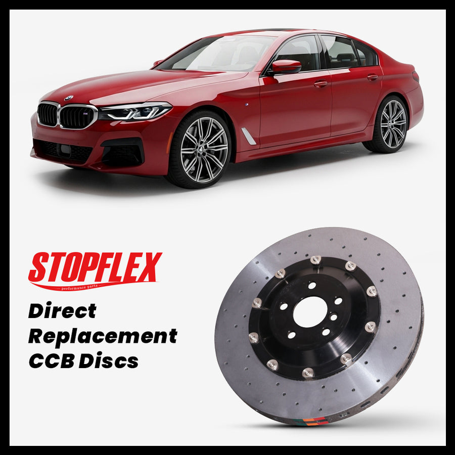 StopFlex carbon ceramic brake rotors and pads for 2017-2023 BMW M550i / M550d (G30/G31), complete direct-replacement set on white background