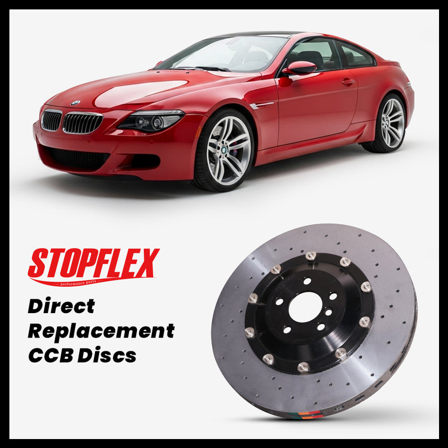 StopFlex carbon ceramic brake rotors and pads for 2006-2010 BMW M6 (E63/E64), complete direct-replacement set on white background