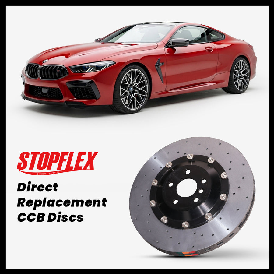 StopFlex carbon ceramic brake rotors and pads for 2019-2025 BMW M8 / Competition (F91/F92/F93), complete direct-replacement set on white background