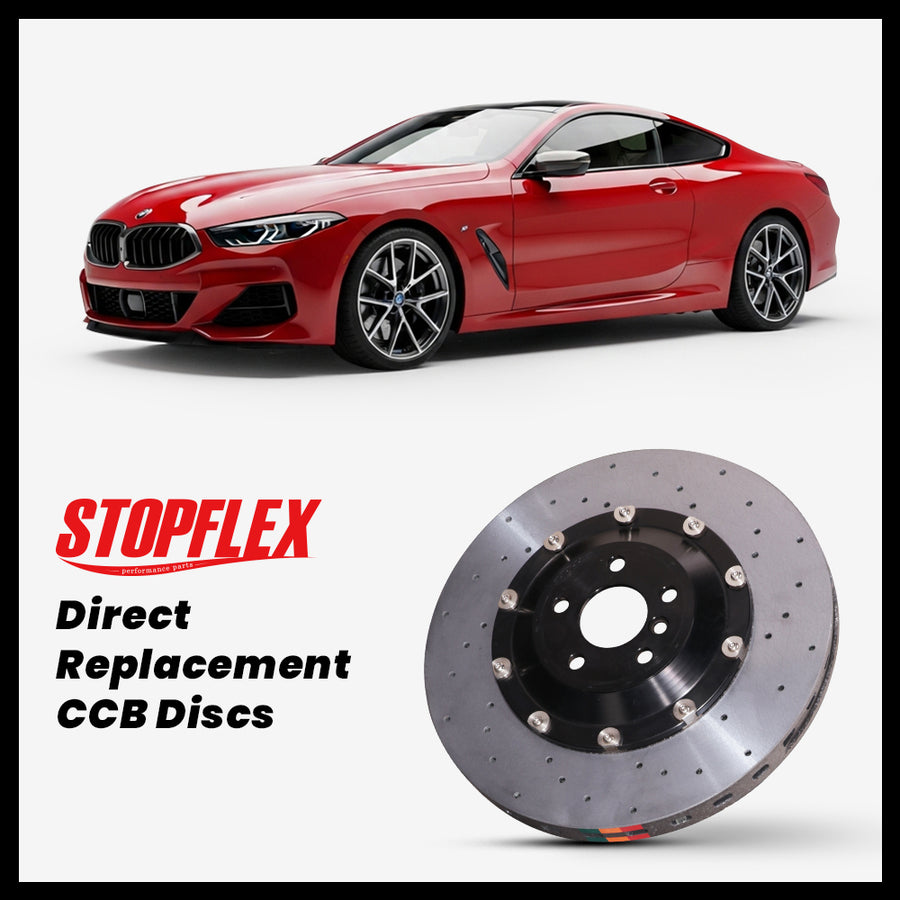 StopFlex carbon ceramic brake rotors and pads for 2019-2026+ BMW M850i (G14/G15/G16), complete direct-replacement set on white background