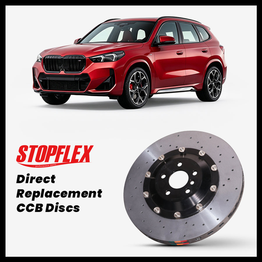 StopFlex carbon ceramic brake rotors and pads for 2024-2026+ BMW X1 M35i (U11), complete direct-replacement set on white background