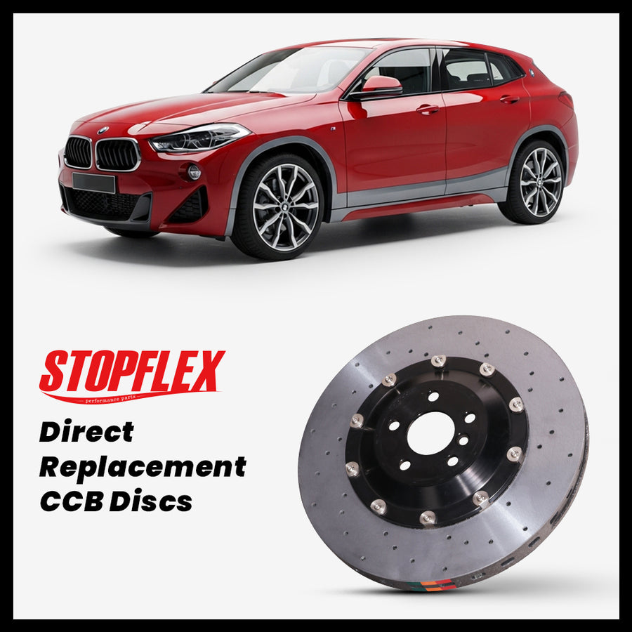 StopFlex carbon ceramic brake rotors and pads for 2019-2023 BMW X2 M35i (F39), complete direct-replacement set on white background