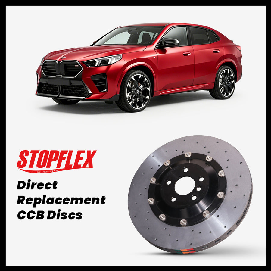 StopFlex carbon ceramic brake rotors and pads for 2024-2026+ BMW X2 M35i (U10), complete direct-replacement set on white background