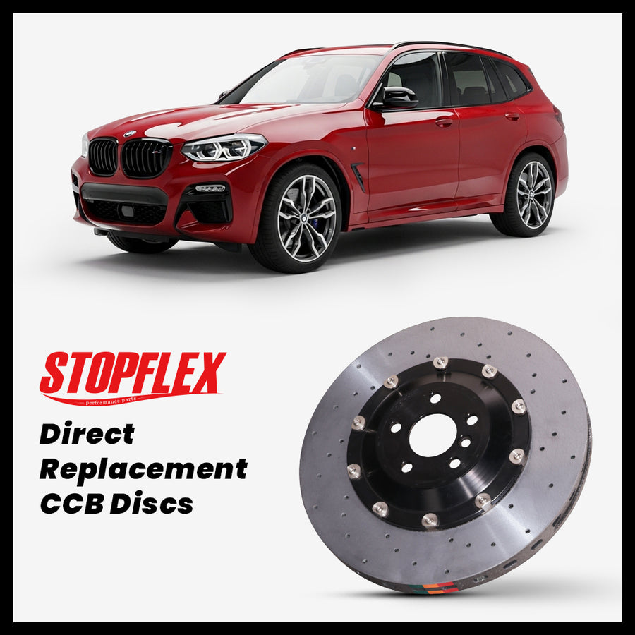 StopFlex carbon ceramic brake rotors and pads for 2018-2024 BMW X3 M40i / M40d (G01), complete direct-replacement set on white background
