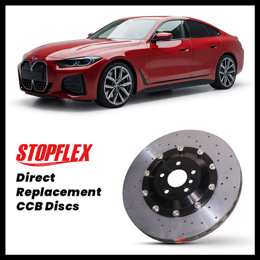 StopFlex carbon ceramic brake rotors and pads for 2022-2026+ BMW i4 M50 / M60 (G26), complete direct-replacement set on white background